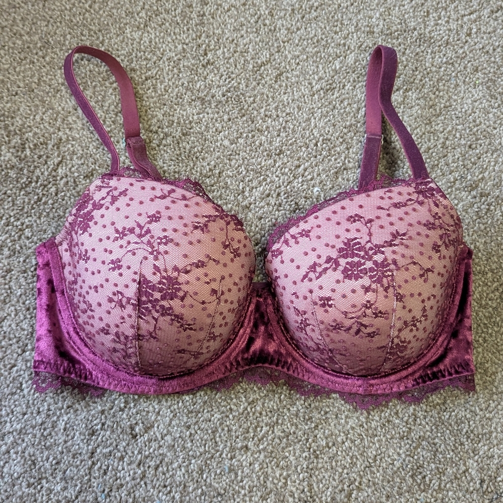 Victoria's Secret Bra Velvet Lace Cranberry Raspberry Sexy Dream Angel 34DD
